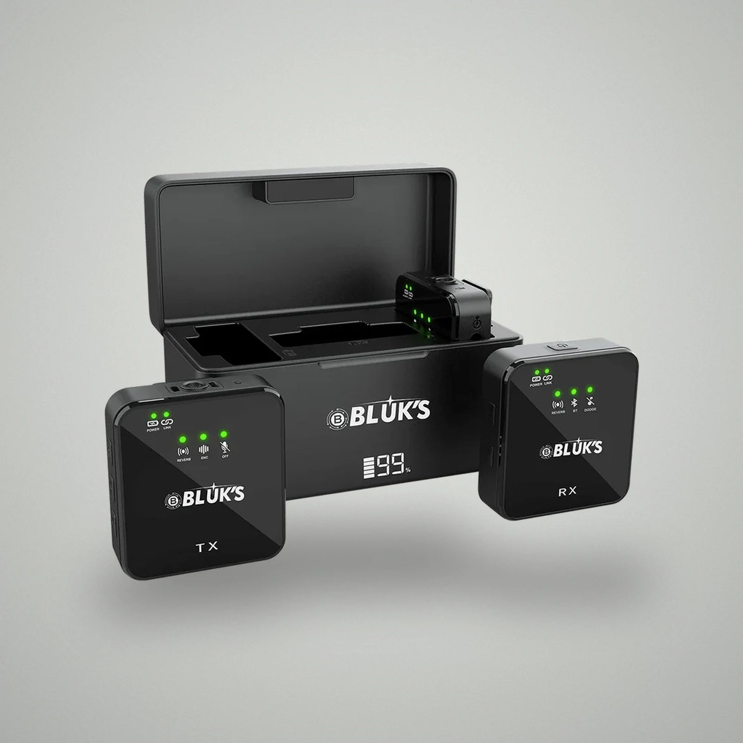 BLUK'S BX-111 dual wireless microphone set featuring TX transmitter, RX receiver, and LED digital charging case