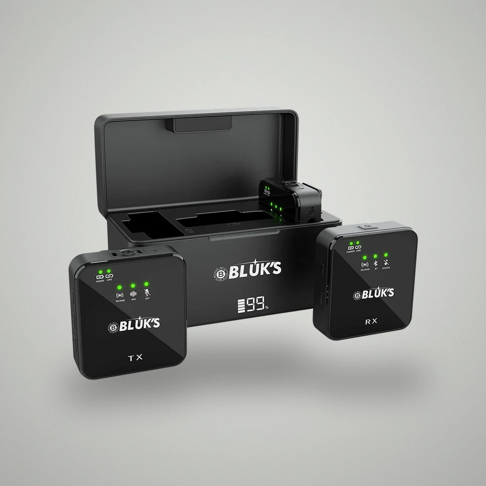 BLUK'S BX-111 dual wireless microphone set featuring TX transmitter, RX receiver, and LED digital charging case