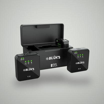 BLUK'S BX-111 dual wireless microphone set featuring TX transmitter, RX receiver, and LED digital charging case