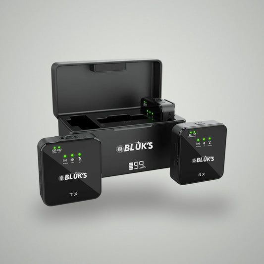 BLUK'S BX-111 dual wireless microphone set featuring TX transmitter, RX receiver, and LED digital charging case