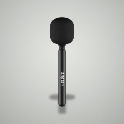 Assembled BLUK'S BX-111 handheld wireless interview microphone with black foam windscreen