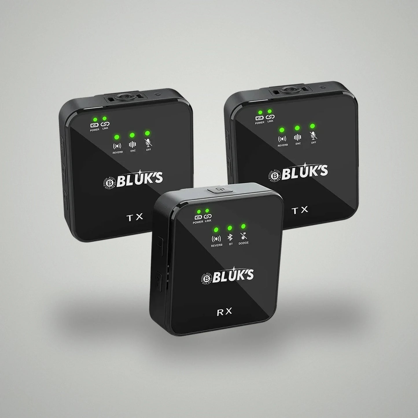 Trio view of BLUK'S BX-111 system including two TX transmitters and one RX receiver unit