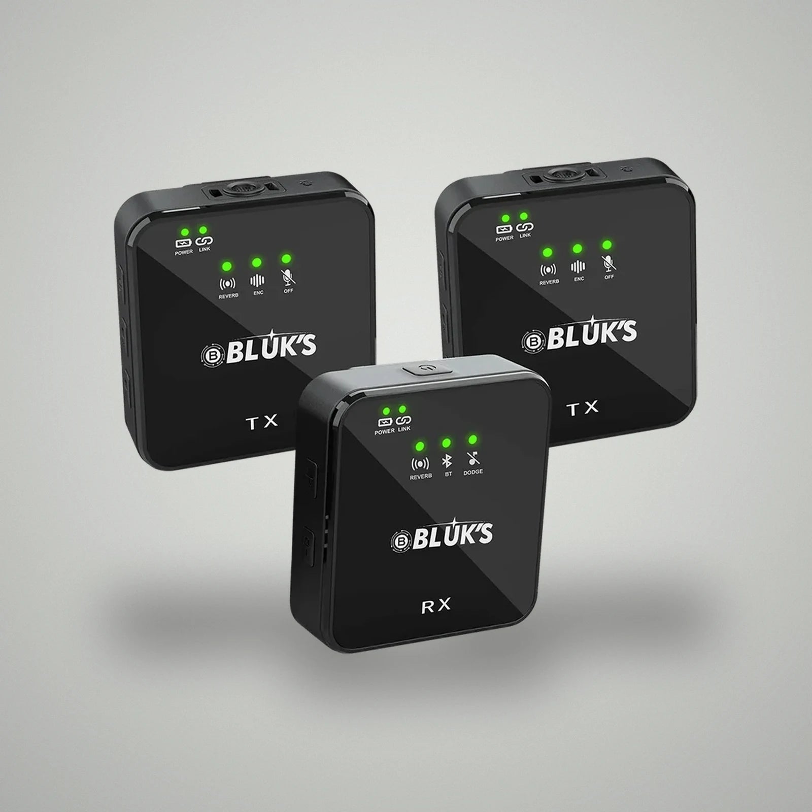 Trio view of BLUK'S BX-111 system including two TX transmitters and one RX receiver unit