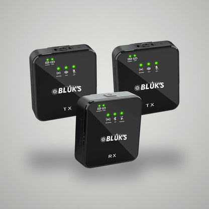 Trio view of BLUK'S BX-111 system including two TX transmitters and one RX receiver unit
