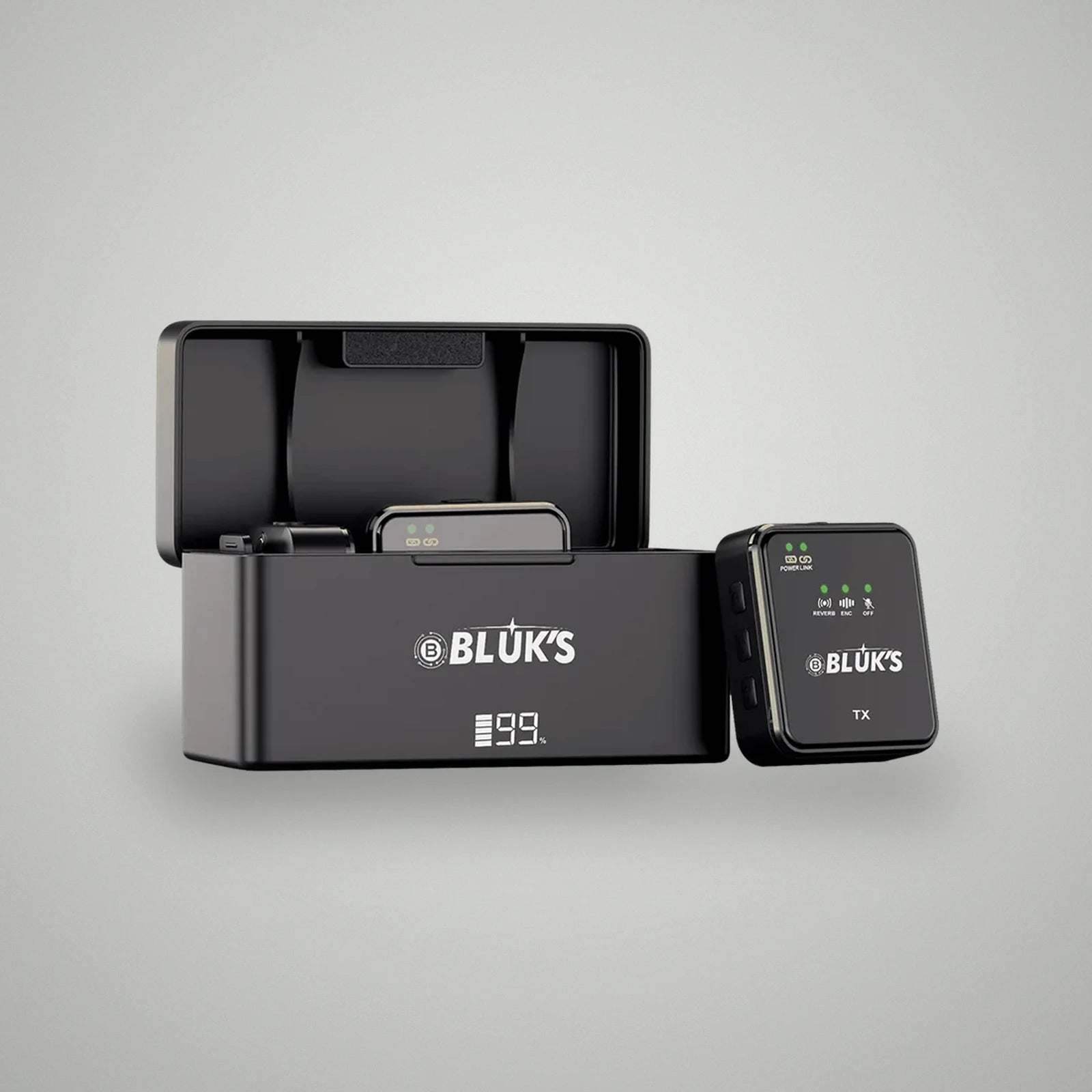 Front view of BLUK'S BX-111 wireless microphone charging case showing 99 percent digital LED battery indicator