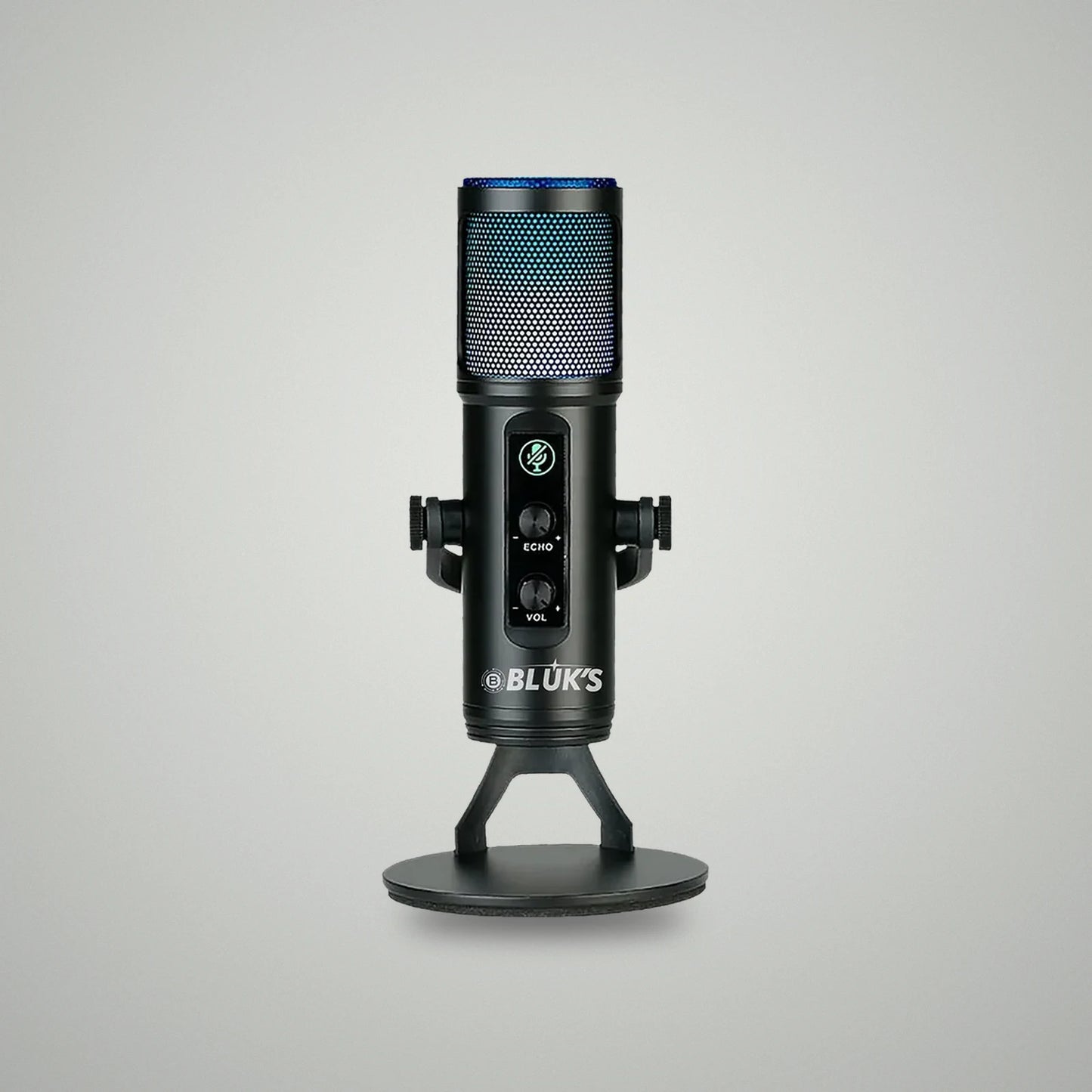 Front view of BLUK'S BX-120 desktop microphone displaying cyan blue RGB lighting, mute icon, and echo volume controls