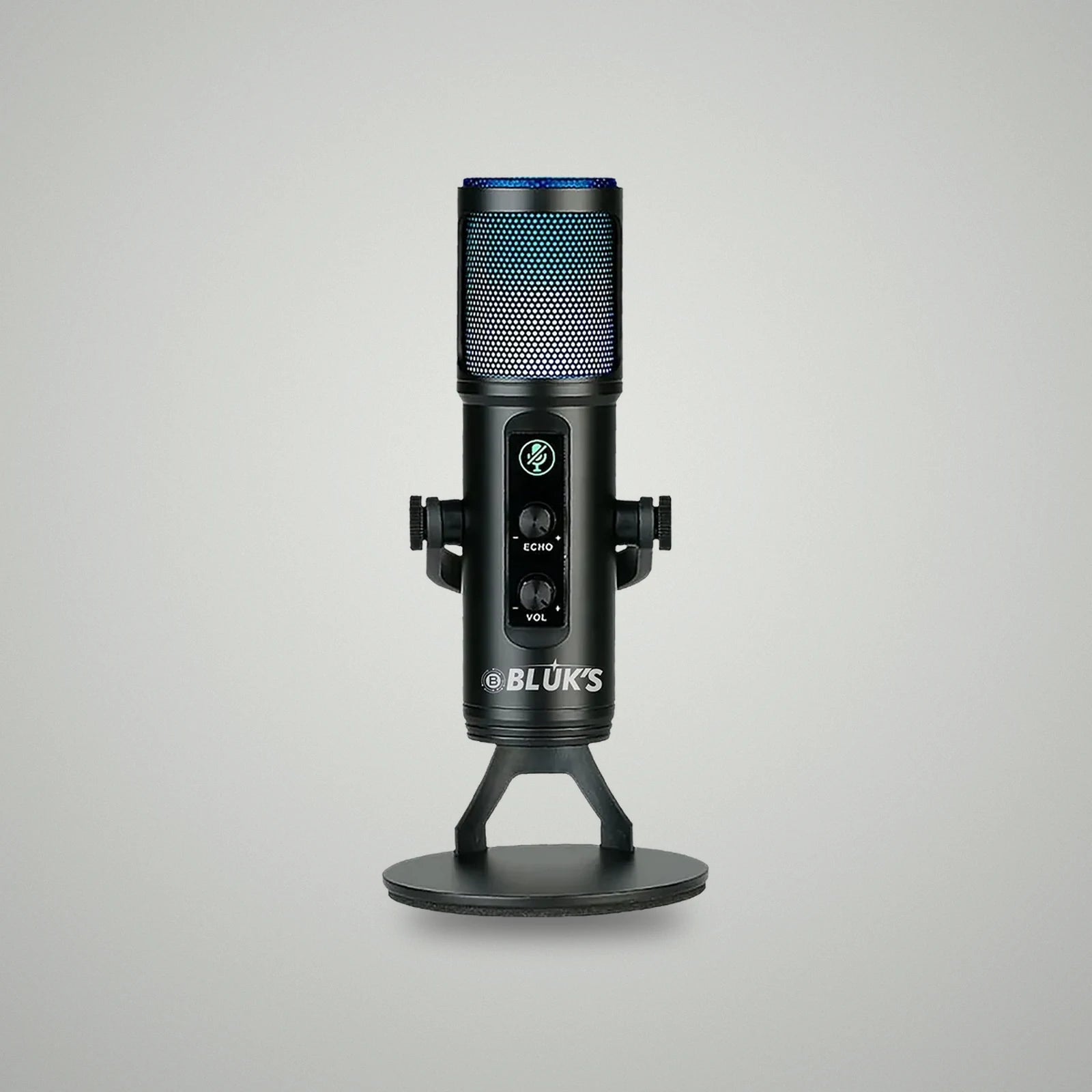 Front view of BLUK'S BX-120 desktop microphone displaying cyan blue RGB lighting, mute icon, and echo volume controls