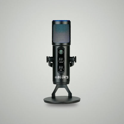 Front view of BLUK'S BX-120 desktop microphone displaying cyan blue RGB lighting, mute icon, and echo volume controls