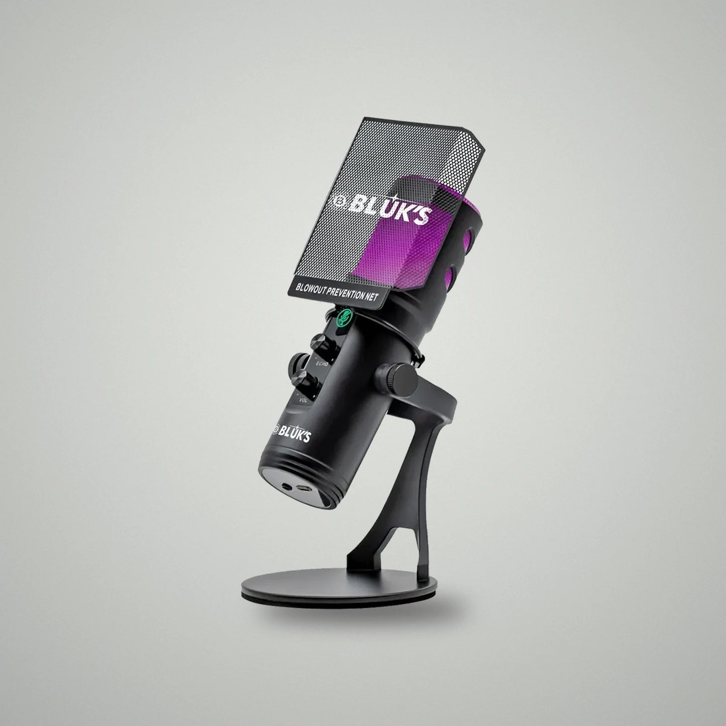 Angled side view of BLUK'S BX-120 microphone fitted with detachable metal mesh blowout prevention net pop filter
