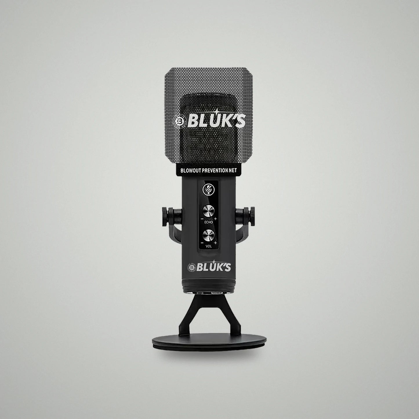 Frontal view of BLUK'S BX-120 Pro desktop lava mic assembly with logo printed metal pop filter and adjustable stand