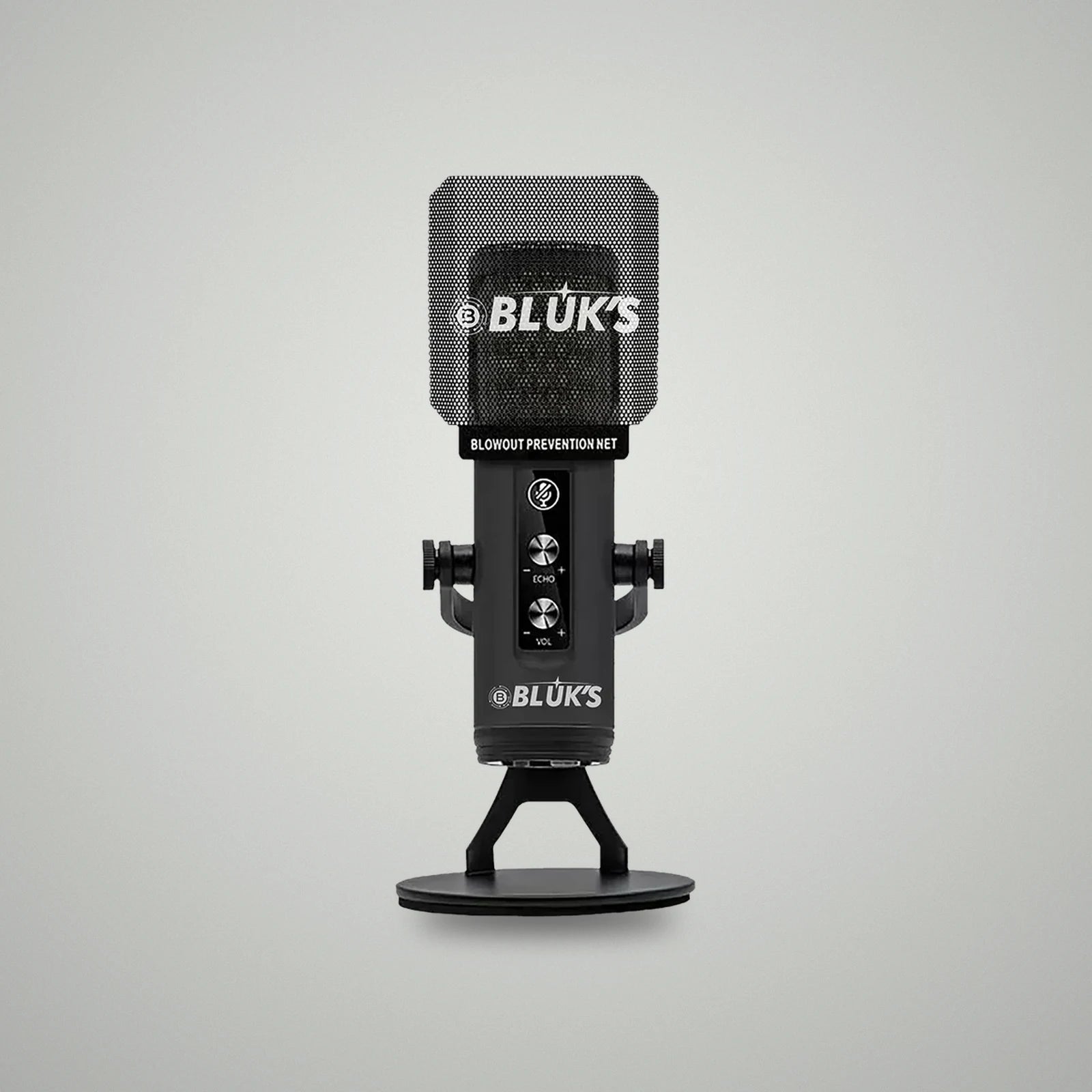 Frontal view of BLUK'S BX-120 Pro desktop lava mic assembly with logo printed metal pop filter and adjustable stand