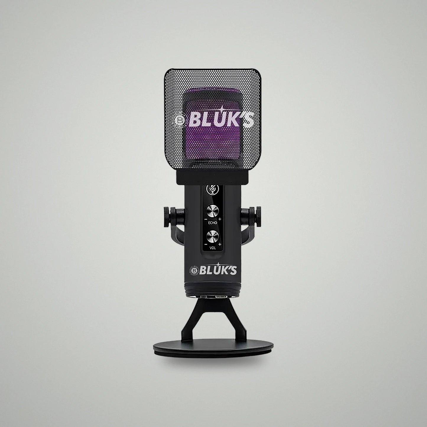 Front view of BLUK'S BX-120 Pro desktop lava USB microphone with mesh pop filter and purple RGB lighting effect