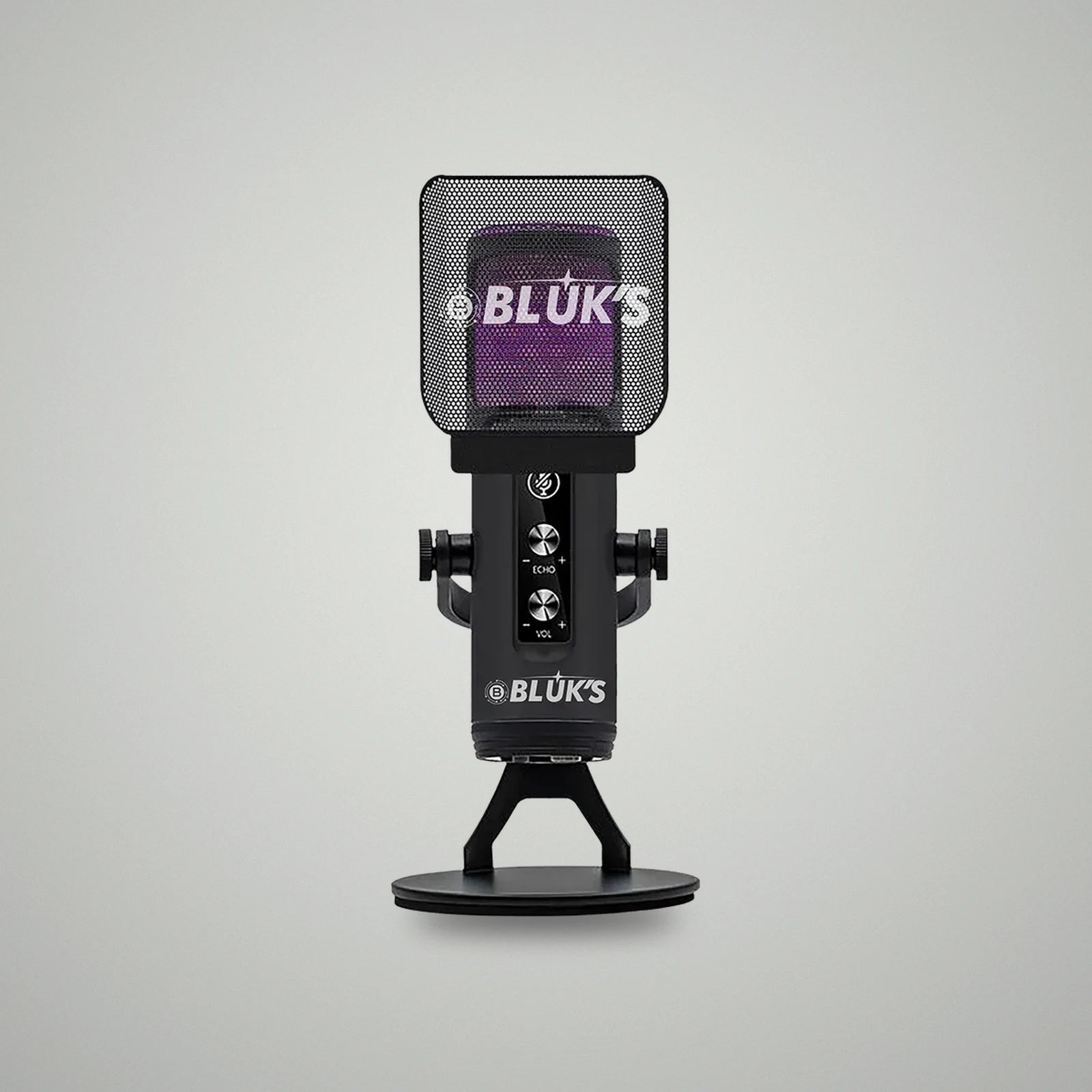 Front view of BLUK'S BX-120 Pro desktop lava USB microphone with mesh pop filter and purple RGB lighting effect
