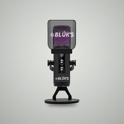 Front view of BLUK'S BX-120 Pro desktop lava USB microphone with mesh pop filter and purple RGB lighting effect