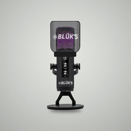 Front view of BLUK'S BX-120 Pro desktop lava USB microphone with mesh pop filter and purple RGB lighting effect