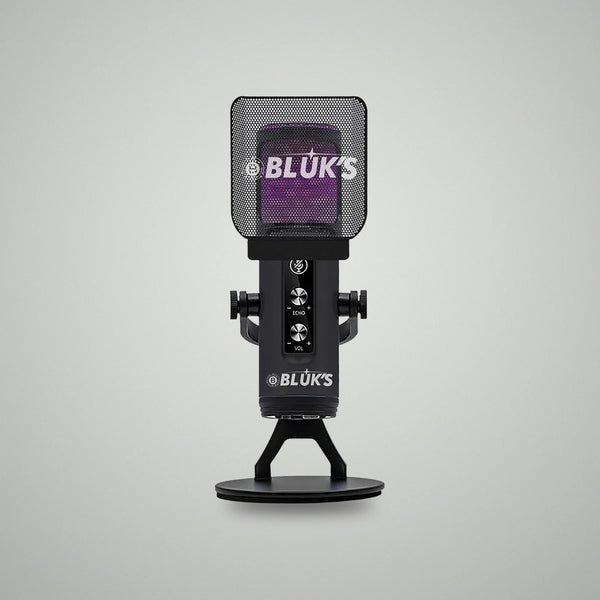 Front view of BLUK'S BX-120 Pro desktop lava USB microphone with mesh pop filter and purple RGB lighting effect