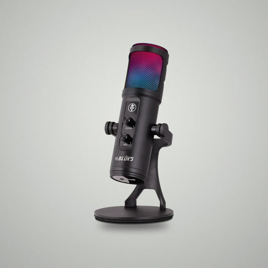 Side perspective view of BLUK'S BX-120 gaming desktop microphone showing RGB light mesh and volume knobs on tilt stand