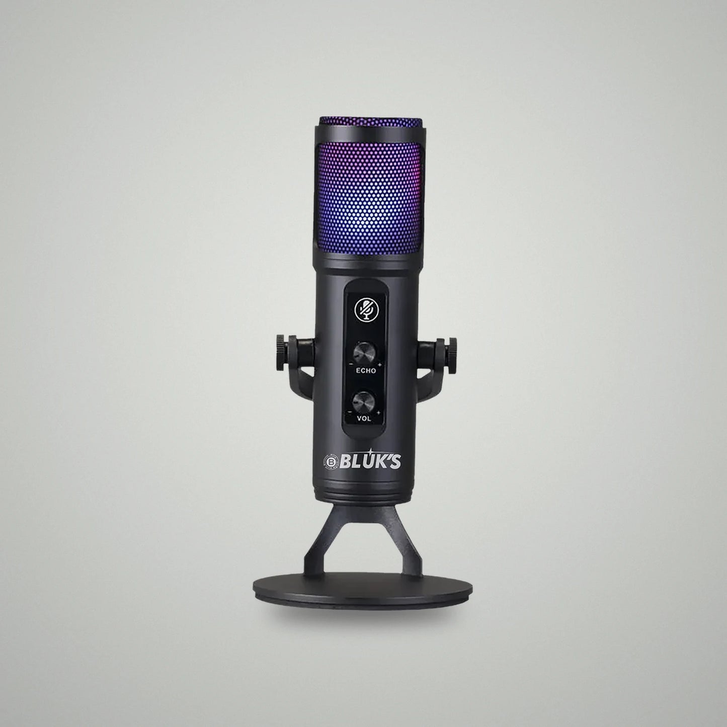 Straight-on view of BLUK'S BX-120 desktop lava microphone with vibrant purple gradient RGB lighting on desktop stand