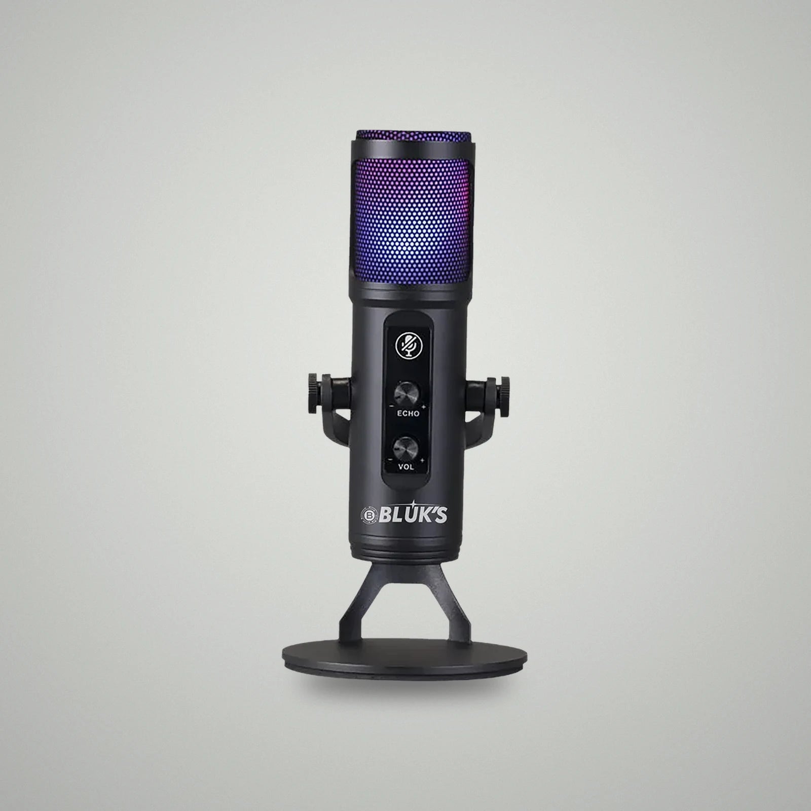 Straight-on view of BLUK'S BX-120 desktop lava microphone with vibrant purple gradient RGB lighting on desktop stand