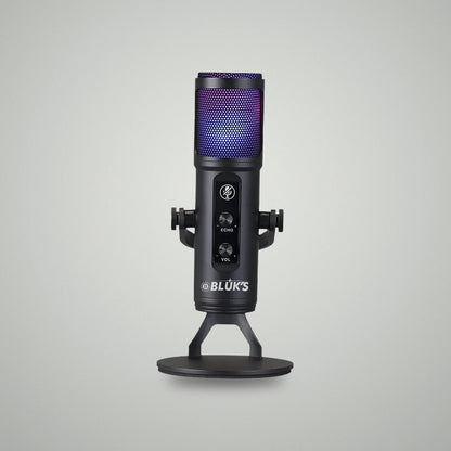 Straight-on view of BLUK'S BX-120 desktop lava microphone with vibrant purple gradient RGB lighting on desktop stand