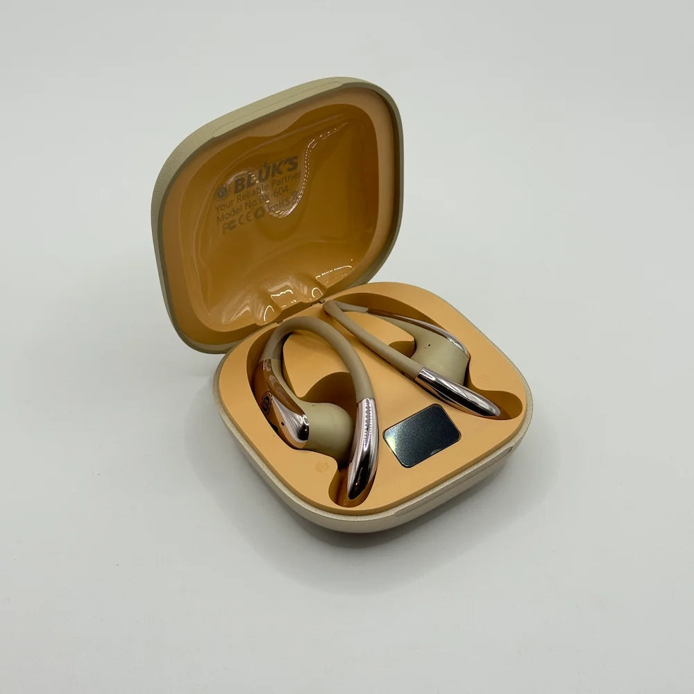 Side perspective of open Bluk's BX-604 Auraloop wireless earbuds charging case