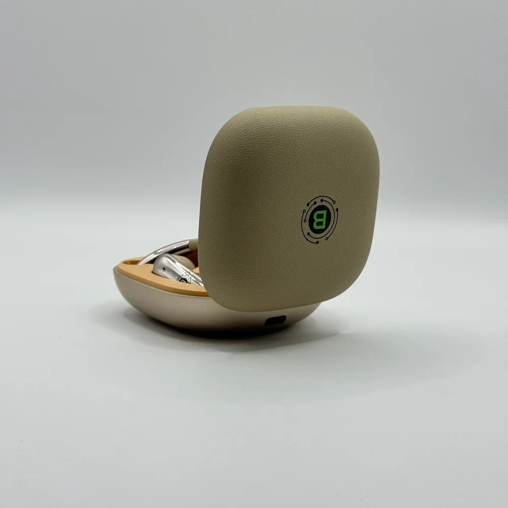Back panel view of beige Bluk's BX-604 charging case displaying logo and Type-C port