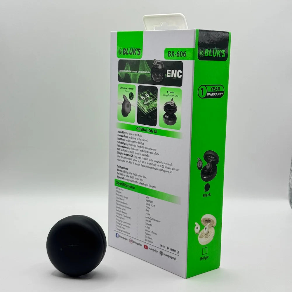 Back of BLUK'S BX-606 retail box showing technical specifications touch control UI and black charging case