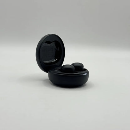 Open charging case revealing compact black BLUK'S BX-606 nano wireless earbuds seated inside