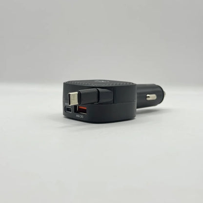 Close up side view of Bluk's BX-653 fast car charger highlighting the retractable Type-C charging cable head