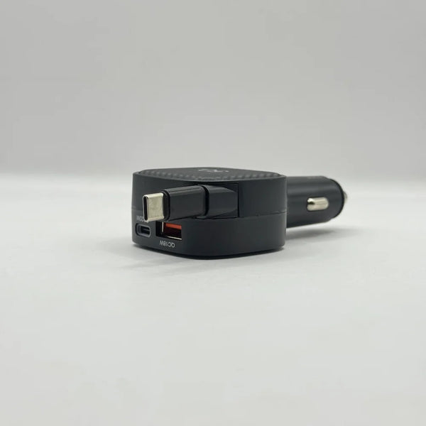 Close up side view of Bluk's BX-653 fast car charger highlighting the retractable Type-C charging cable head
