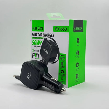 Bluk's BX-653 50W fast car charger with retractable Type-C cable placed in front of green retail packaging box