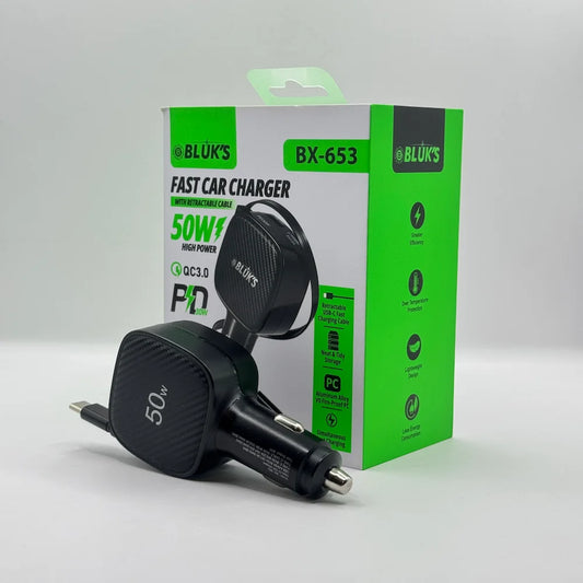 Bluk's BX-653 50W fast car charger with retractable Type-C cable placed in front of green retail packaging box