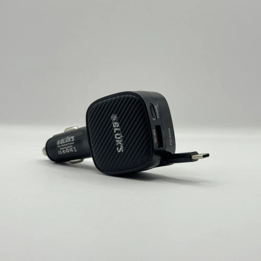 Side perspective of Bluk's BX-653 black car charger featuring carbon fiber design and 50W power marking