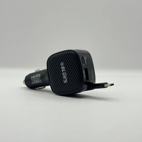 Side perspective of Bluk's BX-653 black car charger featuring carbon fiber design and 50W power marking
