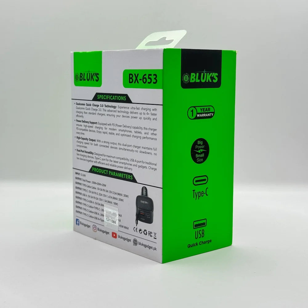 Back view of Bluk's BX-653 car charger packaging detailing technical specifications and power output parameters
