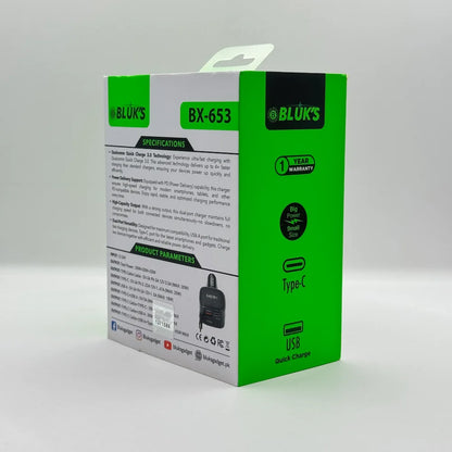 Back view of Bluk's BX-653 car charger packaging detailing technical specifications and power output parameters