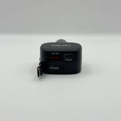 Front view of Bluk's BX-653 car charger ports showing QC18W, PD20W, and PD30W retractable connector