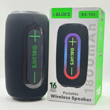 BLUK'S BX-193 16W 1800mAh portable wireless speaker standing beside retail packaging box