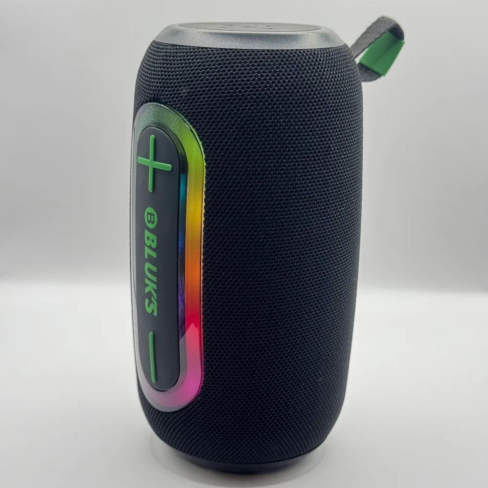 Side angle of BLUK'S BX-193 speaker showing durable fabric body and strap