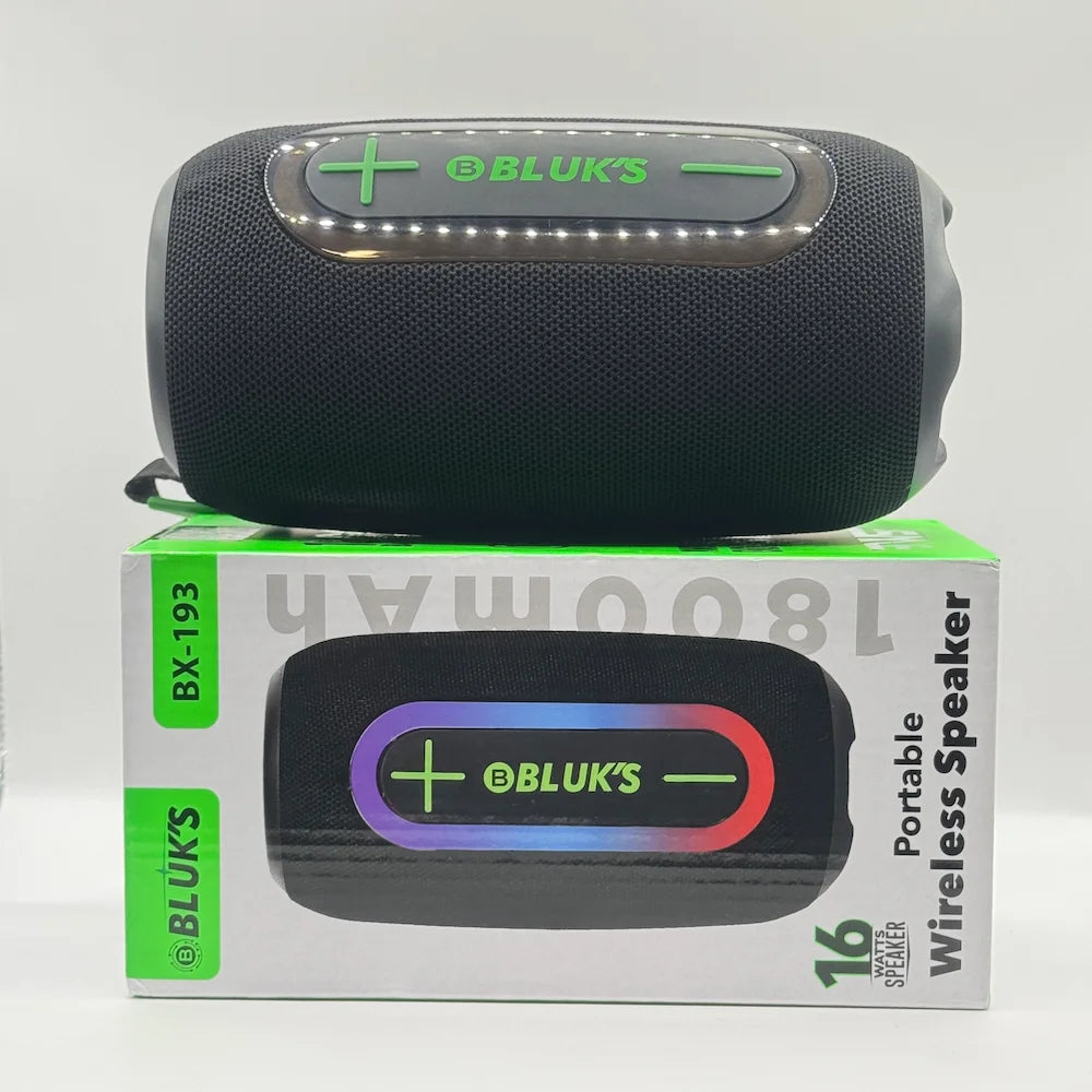BLUK'S BX-193 horizontal bluetooth speaker sitting on top of retail box