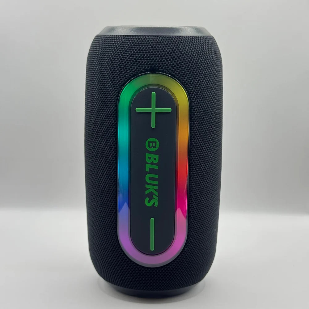 Front view of BLUK'S BX-193 speaker displaying active rainbow RGB LED lighting