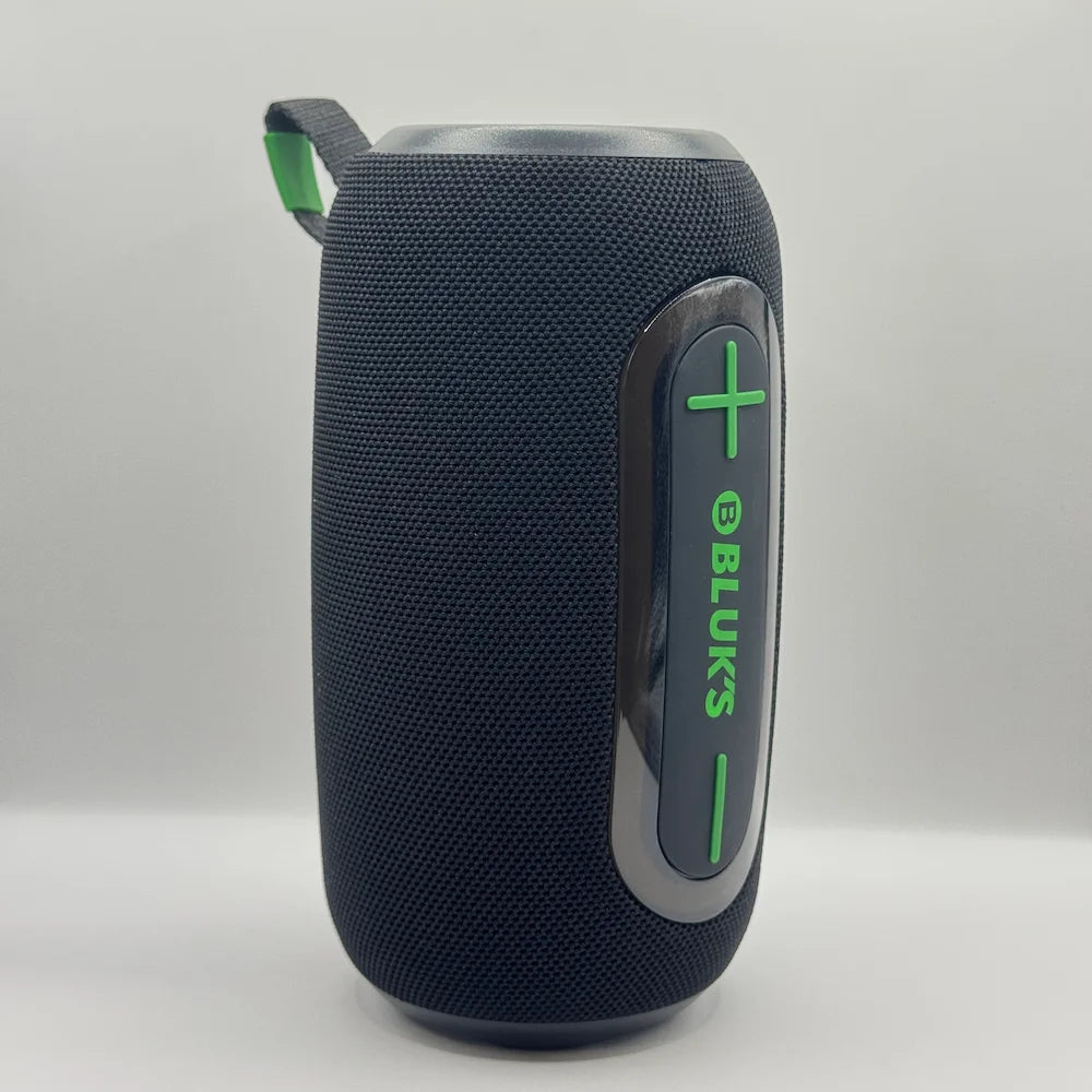 Side profile view of BLUK'S BX-193 speaker with green carrying loop strap