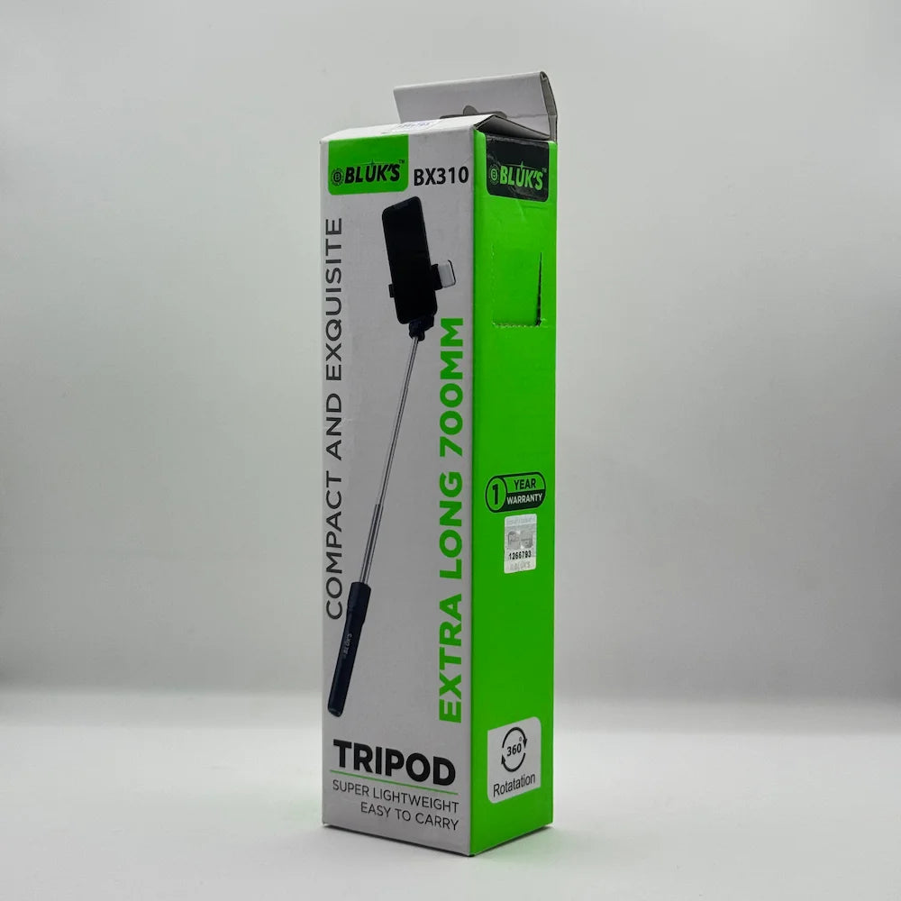 Front view of Bluk's BX310 extra long 700mm selfie stick tripod green and white packaging box