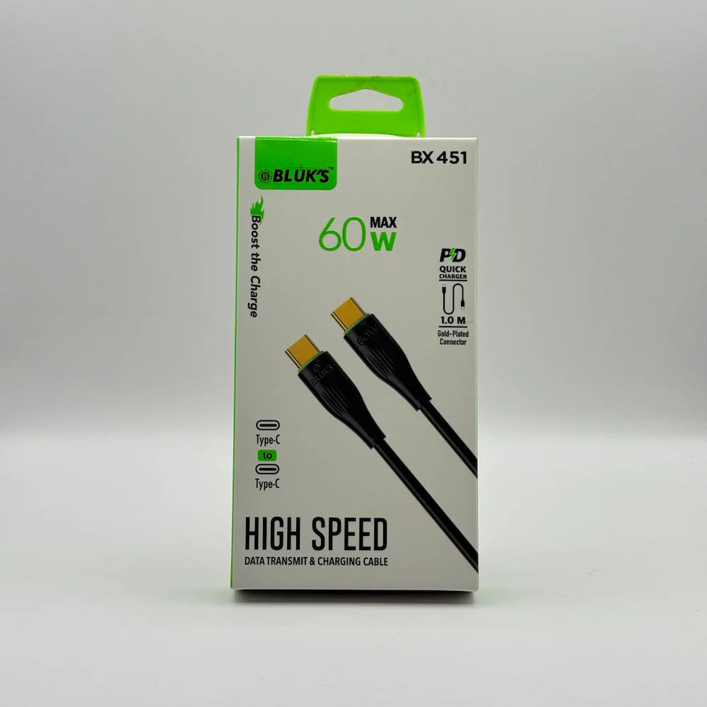 Front packaging of BLUK'S BX451 60W Max Type-C to Type-C fast data transmit and charging cable box