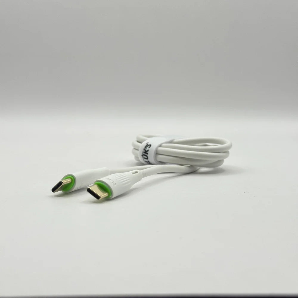 Coiled white BLUK'S BX451 60W Type-C cable with velcro organizer strap on plain background