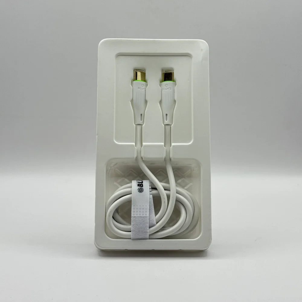 Close up front view of BLUK'S BX451 gold-plated Type-C connectors with green accent rings