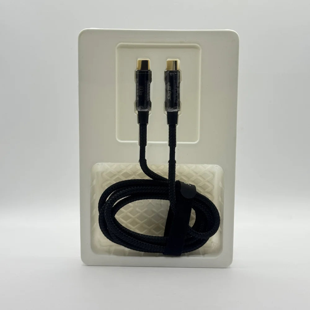 BLUK'S BX471 black braided Type-C cable neatly placed in white plastic tray