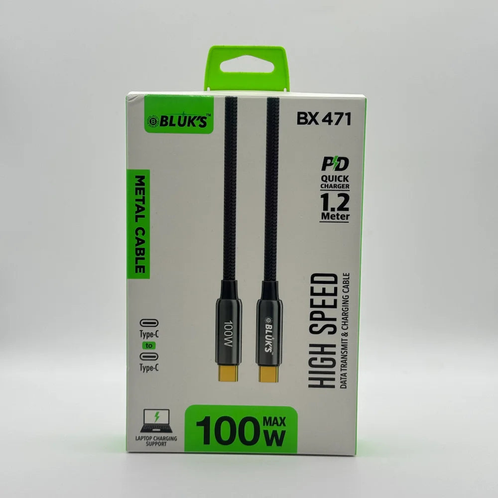 Front packaging of BLUK'S BX471 100W Max Type-C to Type-C metal cable box with laptop charging support icon