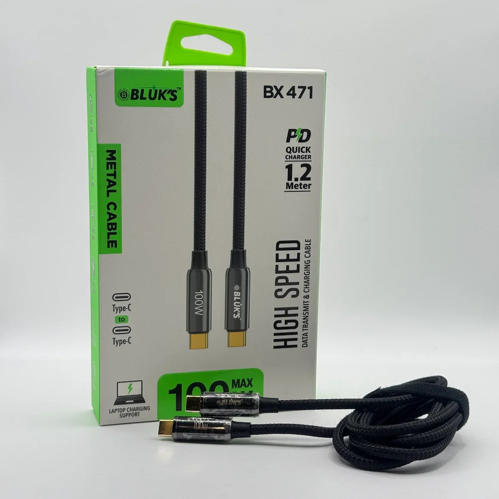 Black braided BLUK'S BX471 100W Type-C cable coiled next to retail packaging box