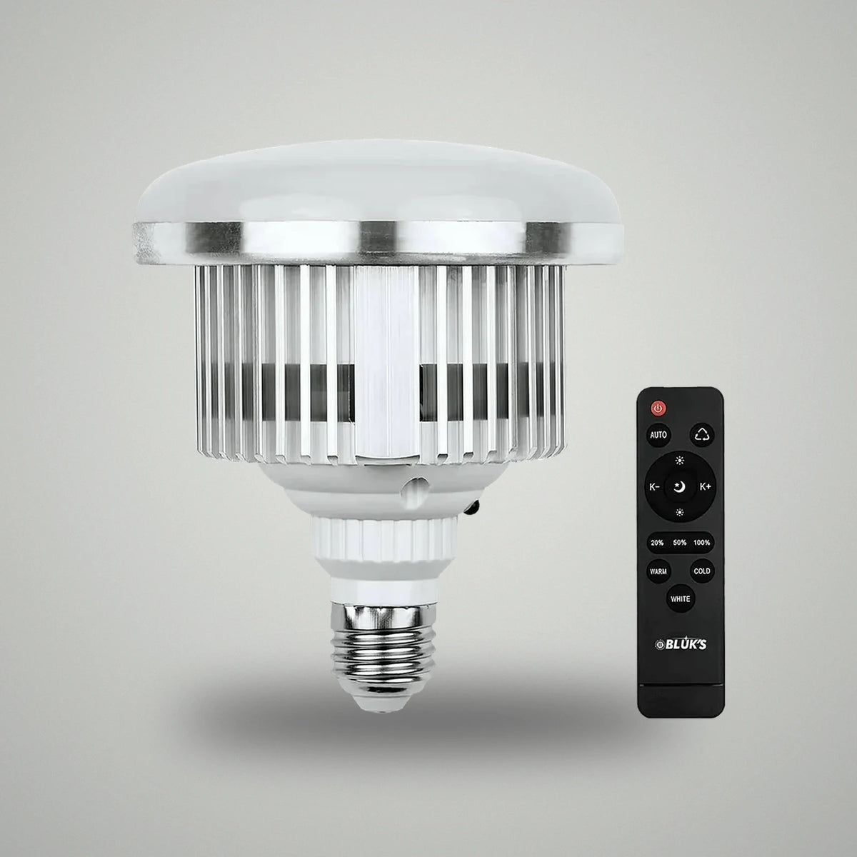 Front profile view of BLUK'S high-power LED light bulb with aluminum cooling fins and wireless remote